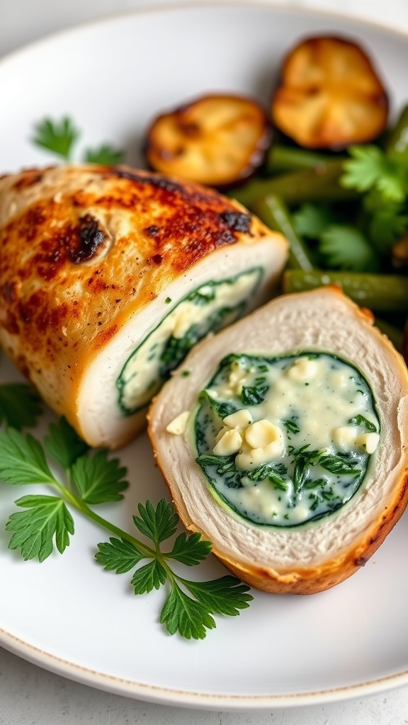 Sliced stuffed chicken breast with spinach and cream cheese filling, garnished with parsley and served with roasted vegetables.